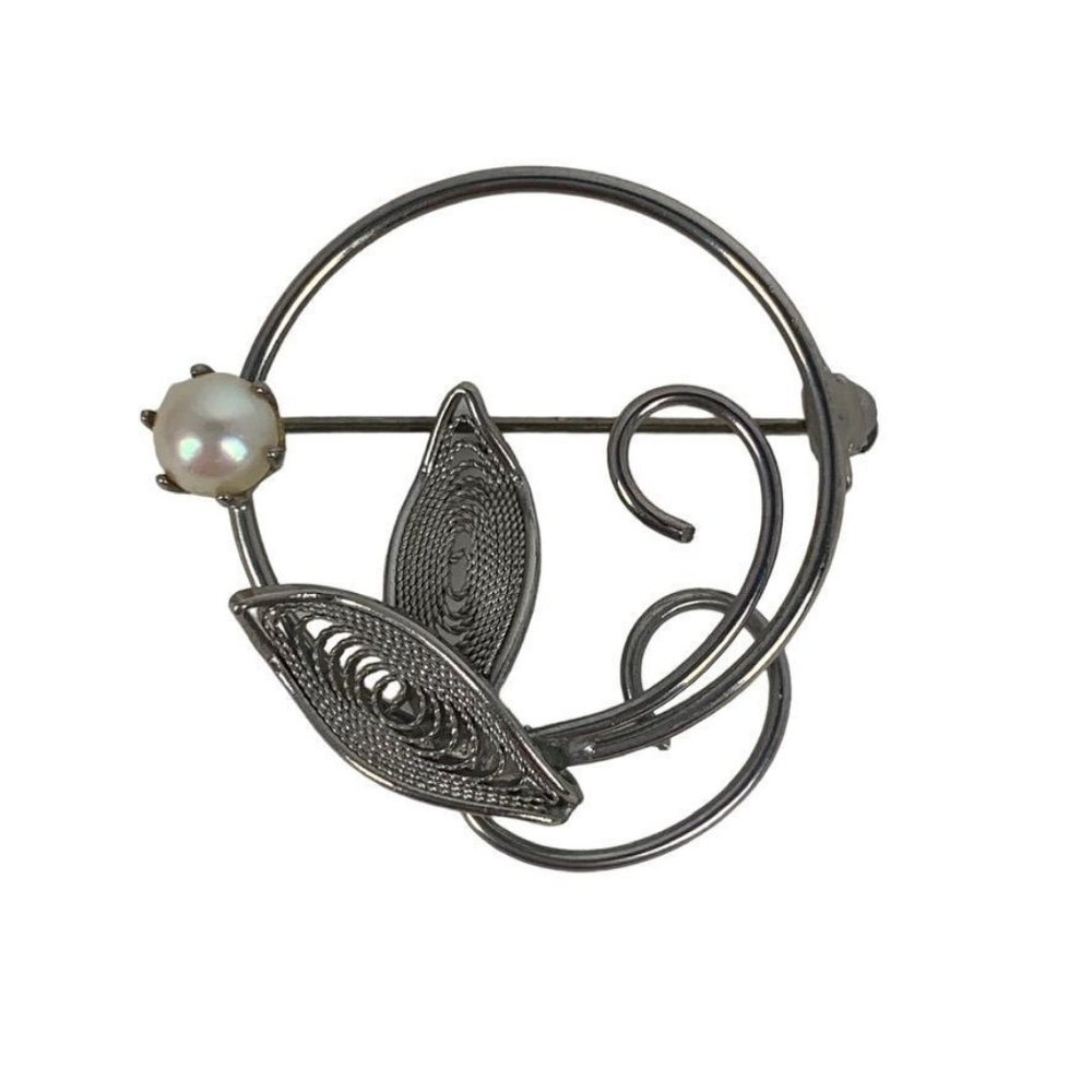 Vintage Pearl & Filigree Silver Toned Brooch Pin Stylized Butterfly 60s